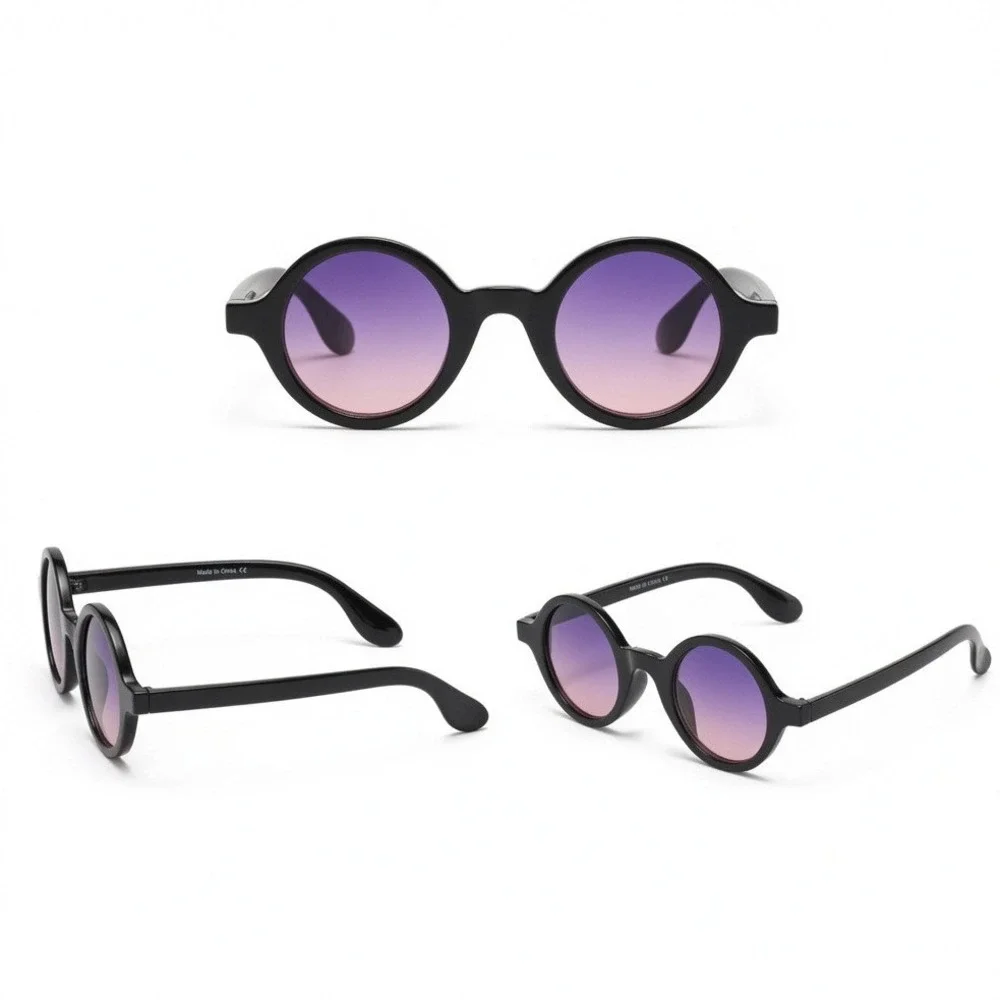 Mens Round Black Sunglasses Purple Gradient Lens Retro Circular Steampunk Shades
